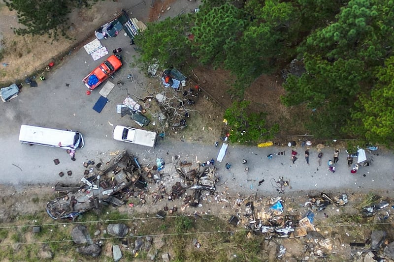 Aerial view of the aftermath after a bus transporting migrants crashed in Gualaca, Panama on February 15th. Forty passengers died. Photograph: Mauricio Valenzuela/Getty Images