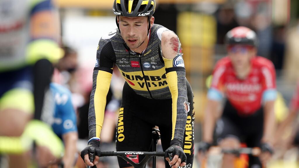 Slovenian rider Primoz Roglic of the Jumbo Visma team has withdrawn from the Tour de France. Photo: Benoit Tessier/EPA
