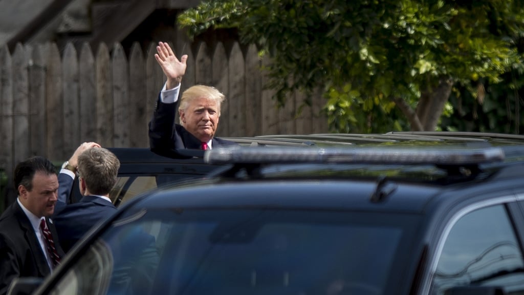 Donald Trump leaves a meeting with House Republicans at the Capitol Hill Club in Washington on Thursday. Photograph: Pete Marovich/Bloomberg