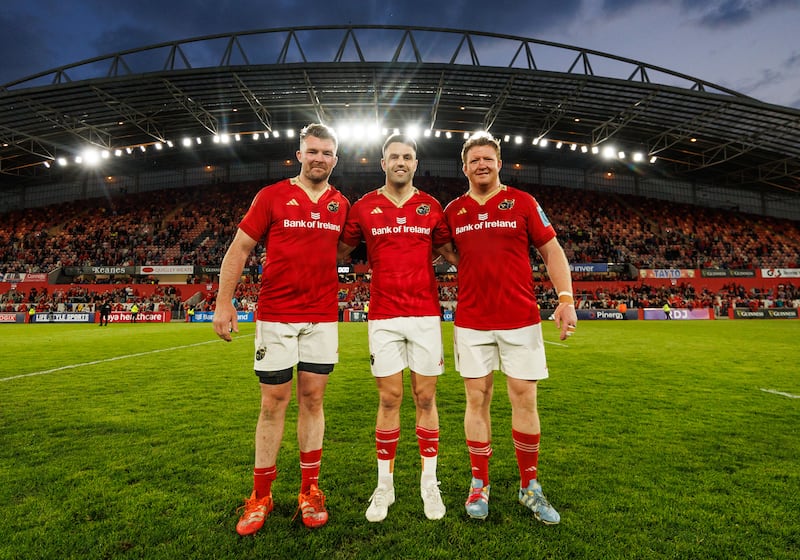 Conor Murray, pictured here with Peter O'Mahony and Stephen Archer in May 2025, analyses the decline of Munster Rugby in his book. Photograph: James Crombie/Inpho