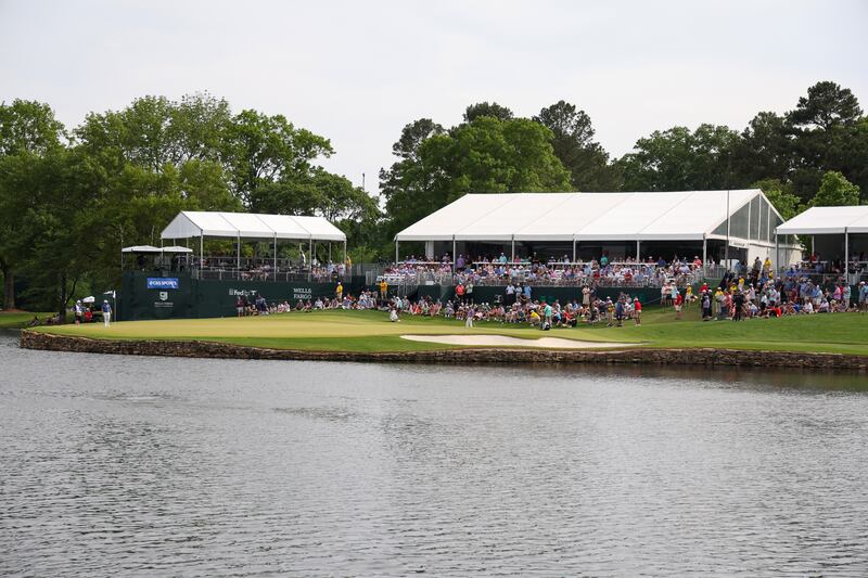 CHARLOTTE, NORTH CAROLINA - MAY 07: A general view of the
on the 17th green is seen during the final round of the Wells Fargo Championship at Quail Hollow Country Club on May 07, 2023 in Charlotte, North Carolina. (Photo by Gregory Shamus/Getty Images)