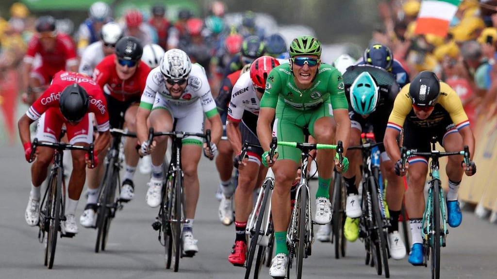 Quick-Step Floors rider Marcel Kittel of Germany sprints for the win in the 178-km Stage 10 from Perigueux to Bergerac. Photograph: Benoit Tessier/Reuters