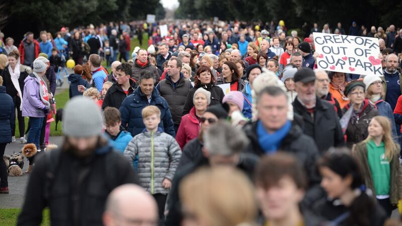 Protesters against the application by Crekav Trading GP Ltd to build 536 residential units on the St Paul’s playing fields at St Anne’s Park, Raheny, Dublin, pictured in January 2018. Photograph: Dara Mac Dónaill