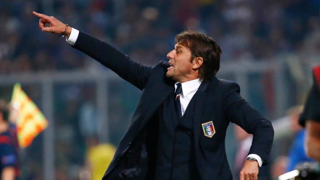 Italy’s coach Antonio Conte gets his point across during the Euro 2016 qualification match against Azerbaijan in Palermo. Photograph: Tony Gentile/Reuters