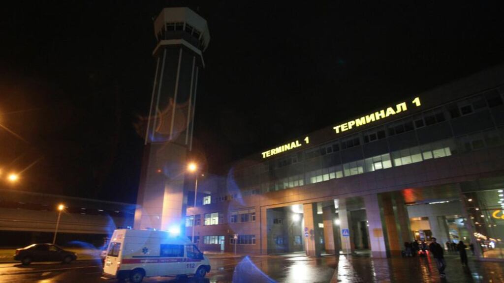 An ambulance is seen outside the main building of Kazan airport this evening after a Boeing 737-500 airliner crashed on landing at the Russian city. Photograph: Yegor Aleev/Reuters