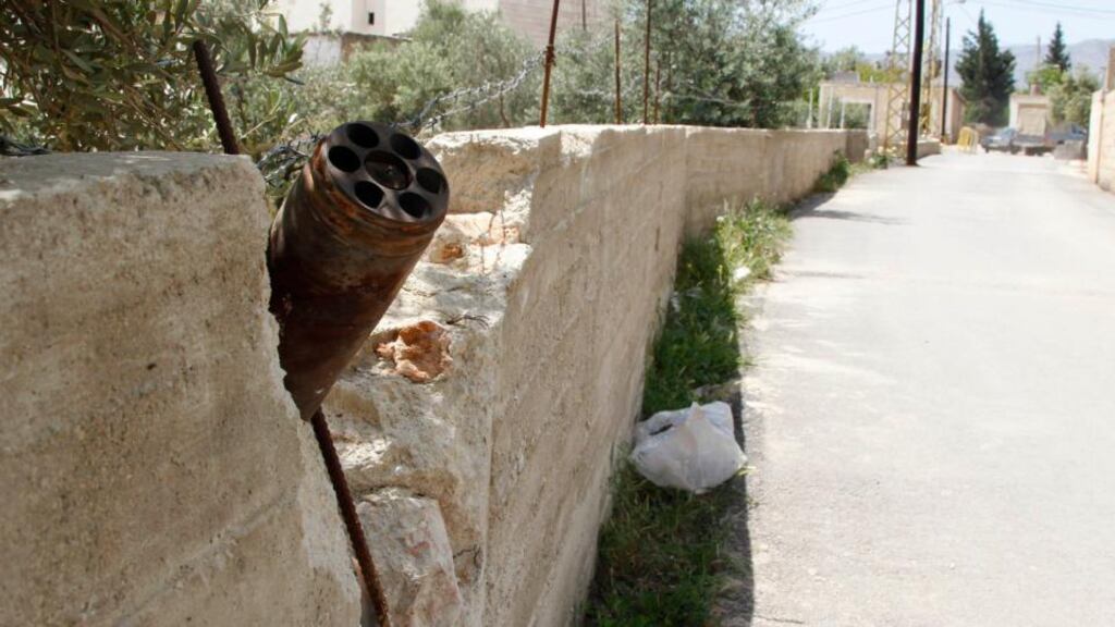 The remains of a shell fired by what residents say is from the Syrian rebels are seen in the town of Hermel in Bekaa earlier this week. Photograph: Reuters