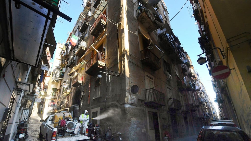 A sanitisation operation in the streets of the Quartieri Spagnoli of Naples, to stem the danger of contagion and spread of Covid-19