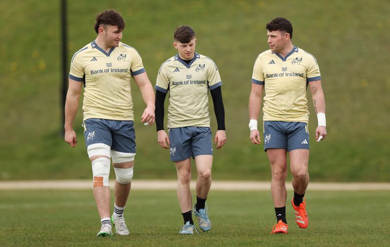 Ruadhan Quinn, Jake O'Riordan and Calvin Nash during training ahead of Munster's clash with Connacht. Photograph: Tom Maher/Inpho