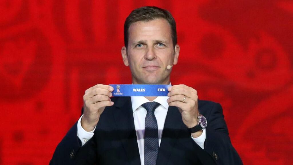 Former German striker Oliver Bierhoff shows the name of Wales during the preliminary draw for the 2018 World Cup qualifiers. Photograph: Getty Images