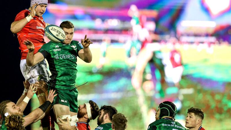 Fineen Wycherley and Oisín Dowling contest a lineout during Connacht’s win over Munster. Photograph: Dan Sheridan/Inpho