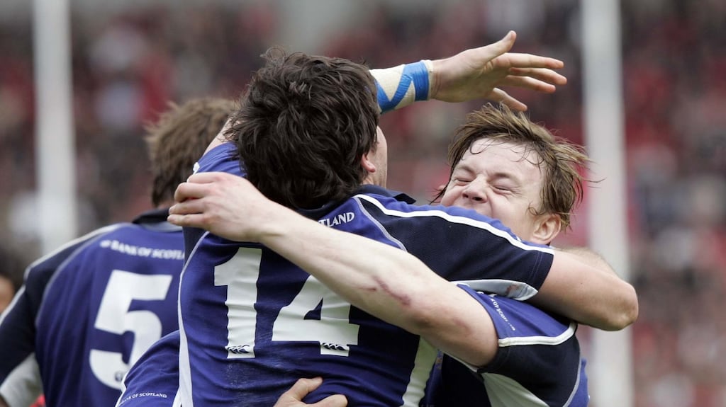 Shane Horgan and Brian O’Driscoll celebrate defeating Toulouse in France in a 2006 Heinieken Cup quarter-final. Photograph: Billy Stickland/Inpho