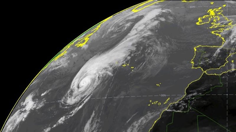 Infrared satellite image from 1pm Tuesday on track of Hurricane Lorenzo which is expected to be have extra-tropical storm status when it reaches Ireland. Photograph: Met Éireann website