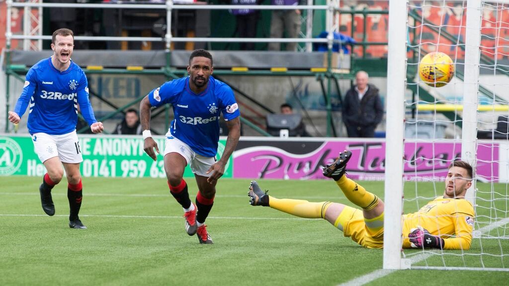 Rangers’ Jermain Defoe celebrates scoring his side’s second goal of the game during the Scottish Premiership win over Hamilton. Photo: Jeff Holmes/PA Wire