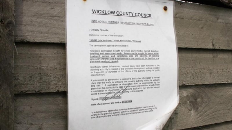A site notice regarding an application for retention planning permission located outside the timber chalet at Tinode, Blessington, Co Wicklow. Photograph: Nick Bradshaw