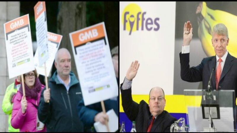 Activists protesting over conditions of Fyffes’ Central American workers outside the Ballsbridge Hotel where the firm held its agm at which chairman David McCann (standing) and company secretary Seamus Keenan were present.
