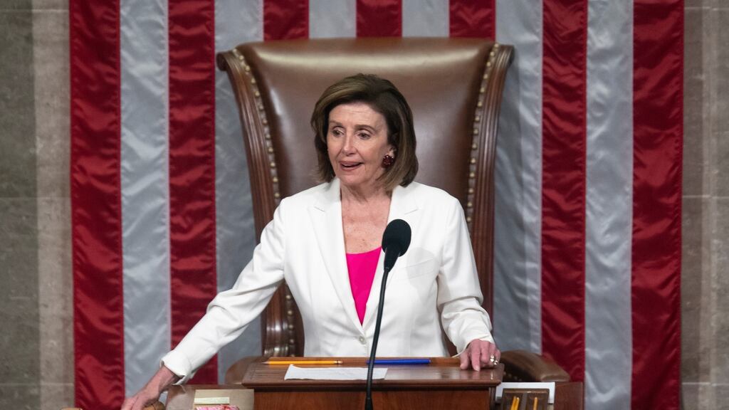 Speaker of the House Nancy Pelosi oversees the vote on President Joe Biden’s domestic agenda at the Capitol in Washington on Friday. Photograph: Tom Brenner/The New York Times