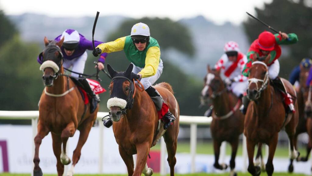 Amateur Steven Clements drives Quick Jack clear to land the featured Connacht Hotel (QR) Handicap on the opening day of the Galway Festival last night. Photograph: Cathal Noonan/Inpho