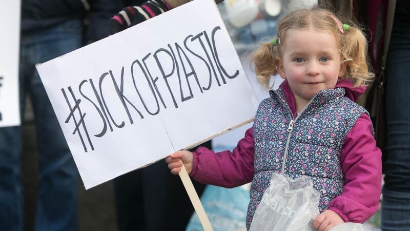 Astrid Gundersen (3), from Swords, at a protest this month where Voice of Irish Concern for the Environment, Friends of the Earth, representatives of Zero Waste Ireland and Uplift brought unwanted plastic single-use packaging to the Dáil to express their desire to “ditch plastic”. File photograph: Gareth Chaney/Collins