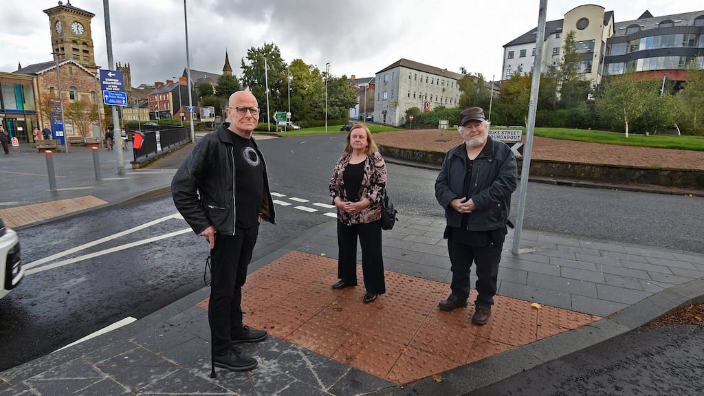Veteran civil rights activists at the Duke Street roundabout in Derry. From left, Eamonn McCann, Bernadette McAliskey and Dermie McClenaghan. Photograph: Trevor McBride