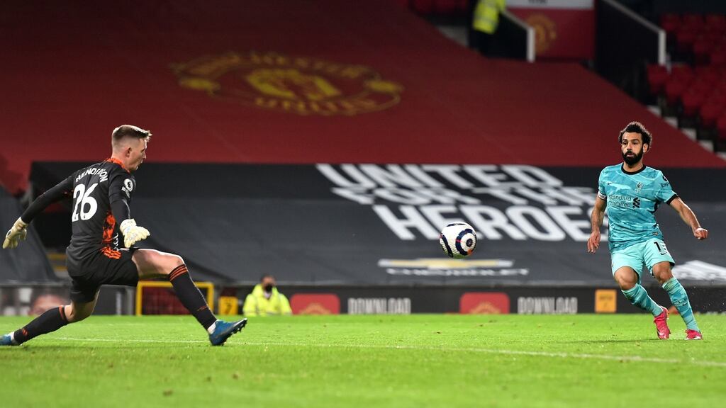 Liverpool’s Mohamed Salah scores their fourth goal of the game during the Premier League win over Manchester United at Old Trafford. Photo: Peter Powell/PA Wire
