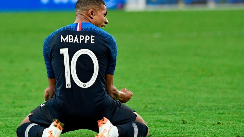 Mbappé celebrates at the end of the World Cup semi-final against Belgium. Photograph: Christophe Simon/AFP/Getty Images