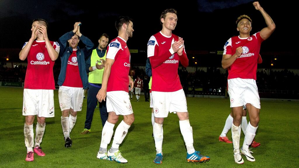 Sligo players celebrates after beating Shamrock Rovers. Photograph: Tommy Dickson/Inpho