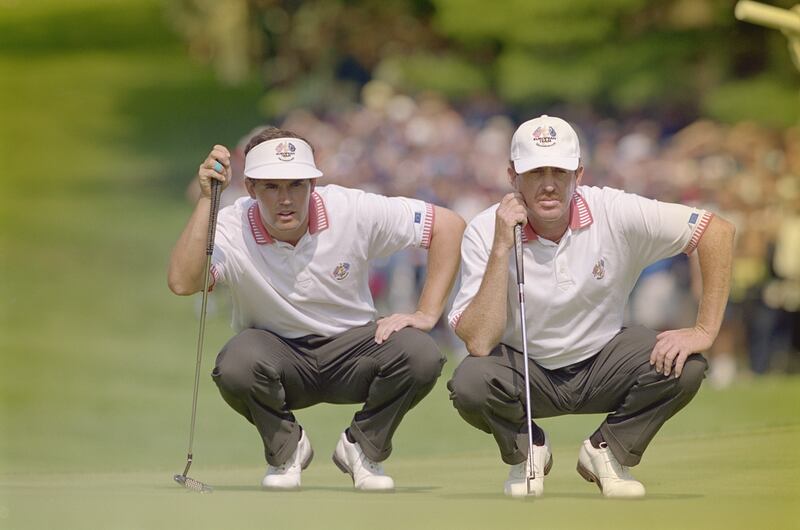 Pádraig Harrington of Ireland and Miguel Angel Jimenez of Spain during the 1999 Ryder Cup. Photograph:: Harry How/Allsport