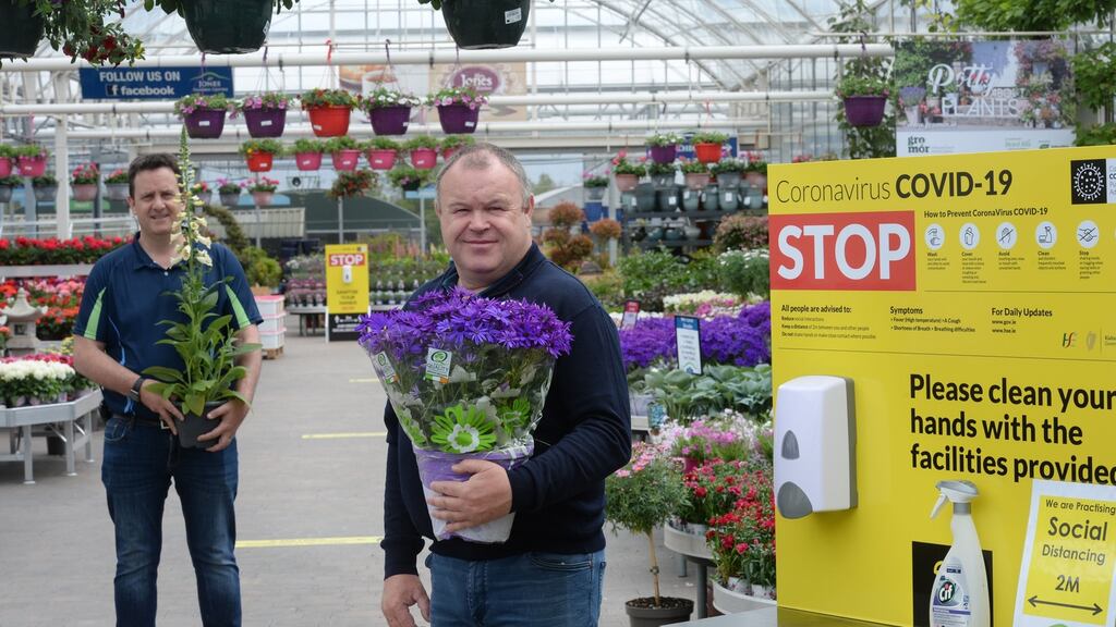 Nigel McEvoy (left), operations manager, and Carl Jones, owner, of Jones Garden Centre, Donabate have been making their centre safe for customers in the ongoing pandemic ahead of their reopening. Photograph: Alan Betson
