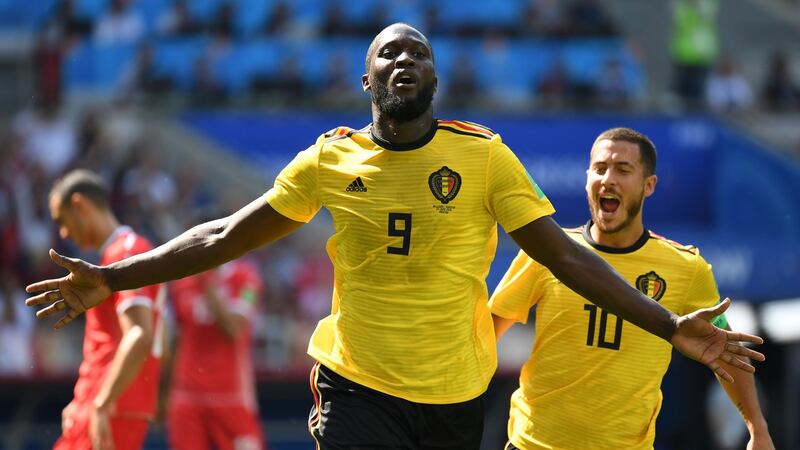 Belgium’s  Romelu Lukaku celebrates scoring his team’s second goal during the  World Cup Group G match against  Tunisia at the Spartak Stadium in Moscow. Photograph: Kirill Kudryavtsev/AFP/Getty Images