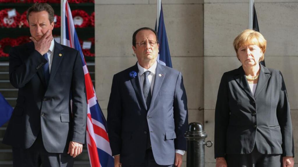 British prime minister David Cameron, French president Francois Hollande and German chancellor Angela Merkel attend a ceremony marking the centenary of the outbreak of first World War I, in Ypres, Belgium. Photograph: EPA