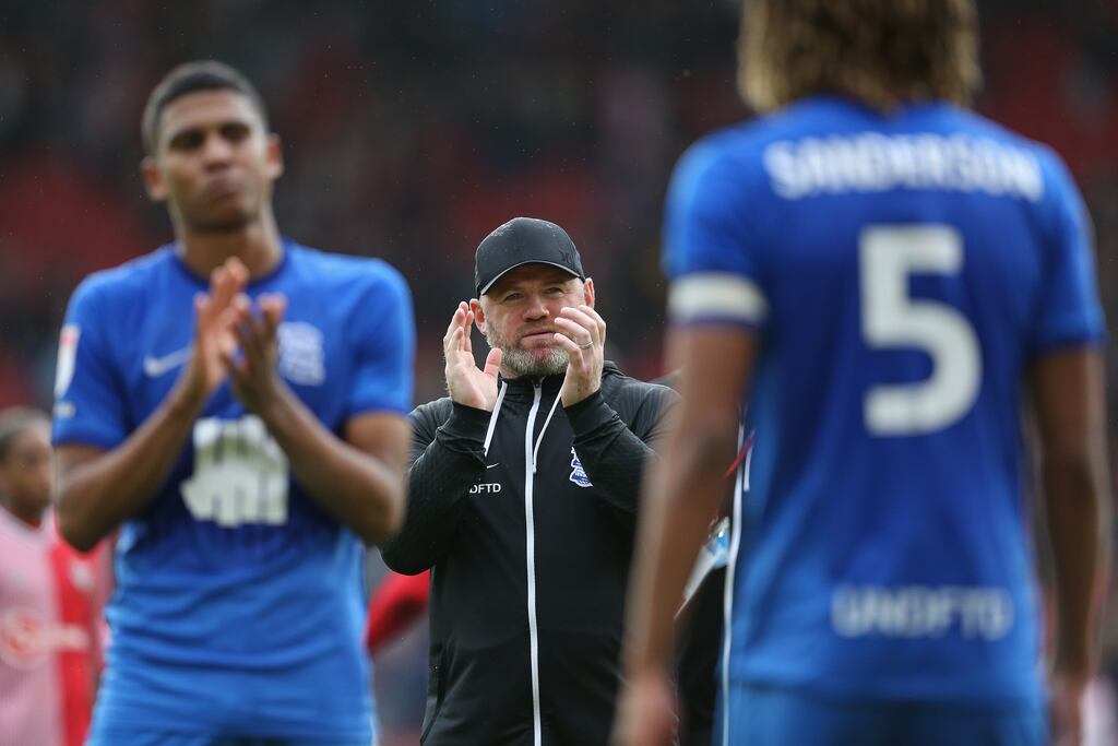 Birmingham City manager Wayne Rooney applauds City supporters after the away match against Southampton in St Mary's stadium in late October. Photograph: Getty Images