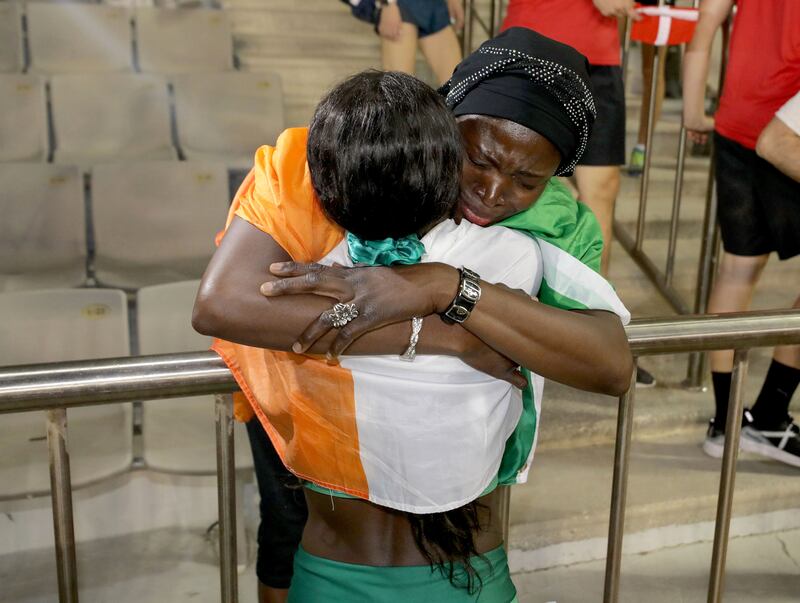 Mother and daughter: Rhasidat Adeleke celebrates winning the 200m final at the European Youth Olympics in 2019 with her mother Ade. Photograph: Bryan Keane/Inpho