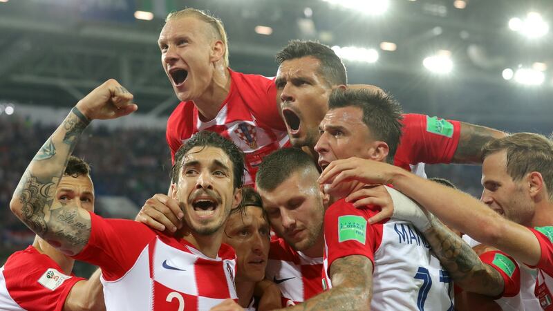Luka Modric of Croatia celebrates with teammates after scoring from the penalty spot during their Group D match against Nigeria in Kaliningrad, Russia. Photograph: EPA
