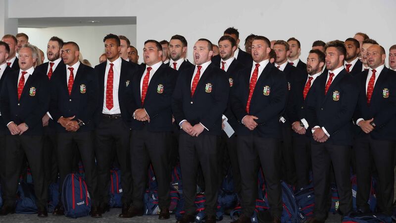 The British and Irish Lions sing on arrival. Photograph: Inpho
