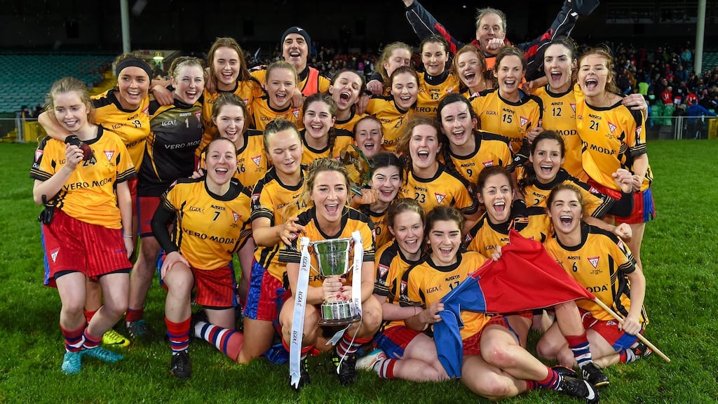 Dunboyne captain Julie Kavanagh and team-mates celebrate with the cup after victory over Bantry Blues in the All-Ireland Ladies Football Junior Club final at the Gaelic Grounds, Limerick. Photograph: Diarmuid Greene/Sportsfile