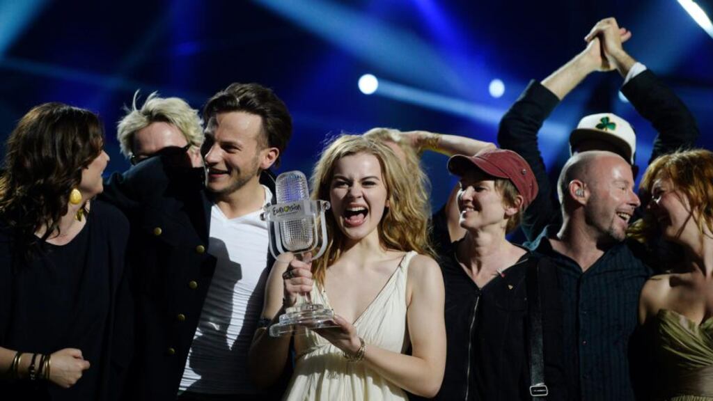 Emmelie de Forest of Denmark celebrates holding her trophy after winning the 2013 Eurovision Song Contest with her song Only Teardrops. PhotographL Jessica Gow/Scanpix Sweden