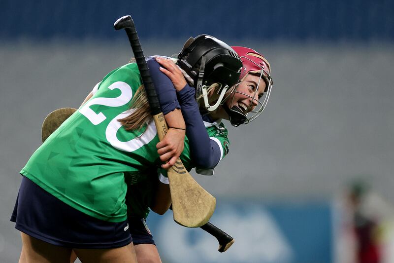 Sarsfields' Rachel Murray celebrates with team-mate Cliona Cahalan after the All-Ireland club final at Croke Park. Photograph: Laszlo Geczo/Inpho