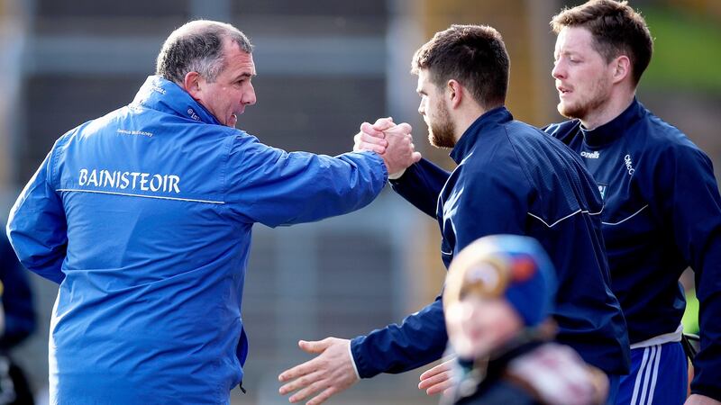 Monaghan manager Séamus McEnaney celebrates with Conor McManus after the league win over Mayo back in February. Photograph: Tommy Dickson/Inpho