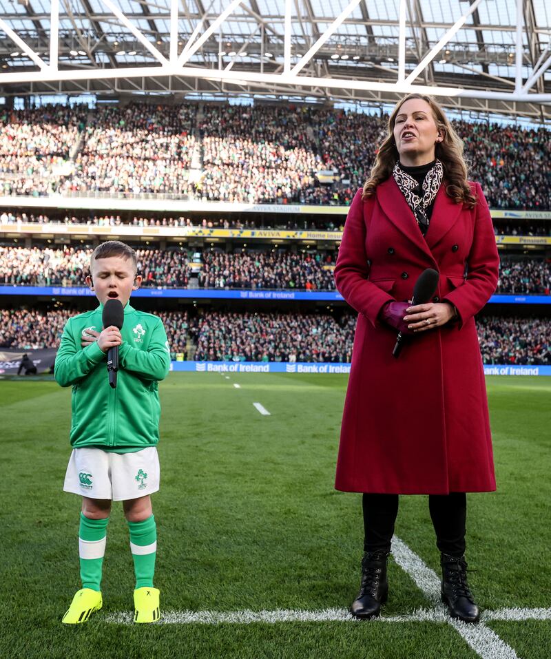 Stevie Mulrooney sings Ireland’s Call before kick-off. Photograph: Dan Sheridan/Inpho