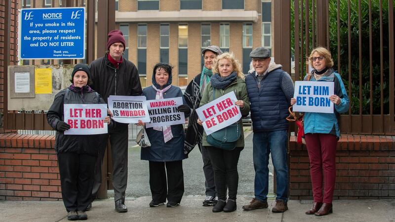 People  protest against abortion at the gates of Our Lady of Lourdes Hospital today, where the first abortion under new legislation was said to be taking place. Photograph: Ciara Wilkinson