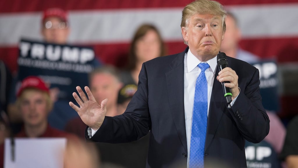Talk to the Donald hand: Republican presidential candidate Donald Trump speaks during a campaign rally on March 29th in Janesville, Wisconsin. The state’s primary is on April 5th. Photograph: Scott Olson/Getty Images