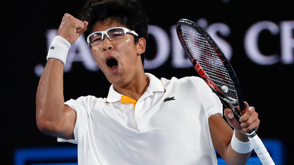 Chung Hyeon of South Korea celebrates after beating Novak Djokovic at the Australian Open. Photo: Issei Kato/Reuters