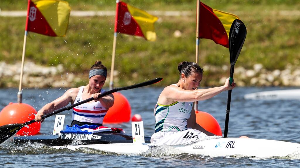Britain’s Lizzie Broughton tries to catch Ireland’s Jenny Egan in the K1 5,000 metre race at the World Cup in Portugal. Egan took gold and Broughton bronze. Pic: Balint Vekassy/ICF