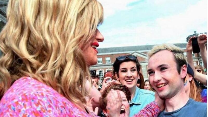 A photograph of Dean MacCearaín (Dean McCarron) posted by Panti Bliss, celebrating the result of the result of the same-sex marriage referendum. Panti Bliss posted a tribute to the 23-year-old on Facebook.