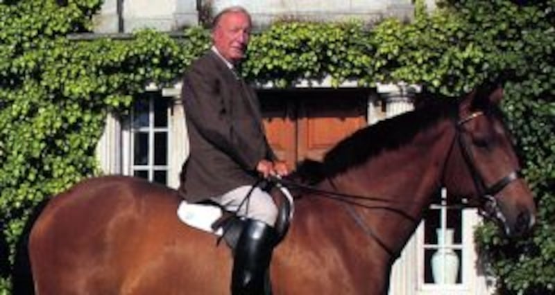 Charlie Haughey pictured on a horse outside his home in Abbeville, Kinsealy Co Dublin