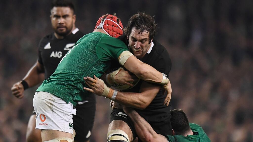 New Zealand lock Sam Whitelock in action with Ireland’s James Ryan during Ireland’s historic win at the Aviva on Saturday. Photograph: Clodagh Kilcoyne/Inpho