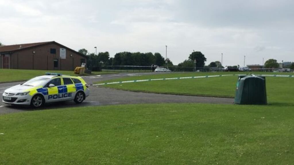 General view of the scene at Laurehill Road in Lisburn, Co Antrim, where man and two young children were left badly injured after being struck by lightning during a school sports event. Photograph: Lesley Anne McKeown/PA Wire