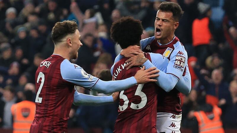 Aston Villa’s Philippe Coutinho celebrates his goal against Manchester United at Villa Park. Photograph: Lindsey Parnaby/Getty Images)