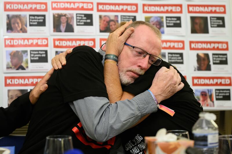 Emily Hand's father, Thomas, at a press conference at the Israeli embassy in London. Photograph: Leon Neal/Getty