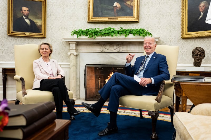 President Joe Biden with Ursula von der Leyen, president of the European Commission, in the Oval Office of the White House in March. Photograph: Haiyun Jiang/The New York Times